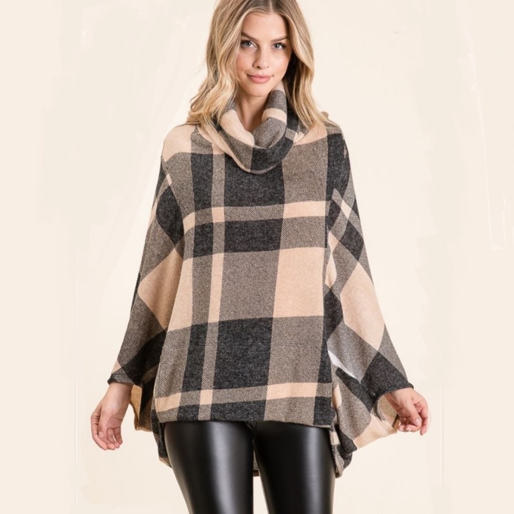 NWT Plaid Cowl Neck Poncho w/Kangaroo Pocket - Picture 2 of 6